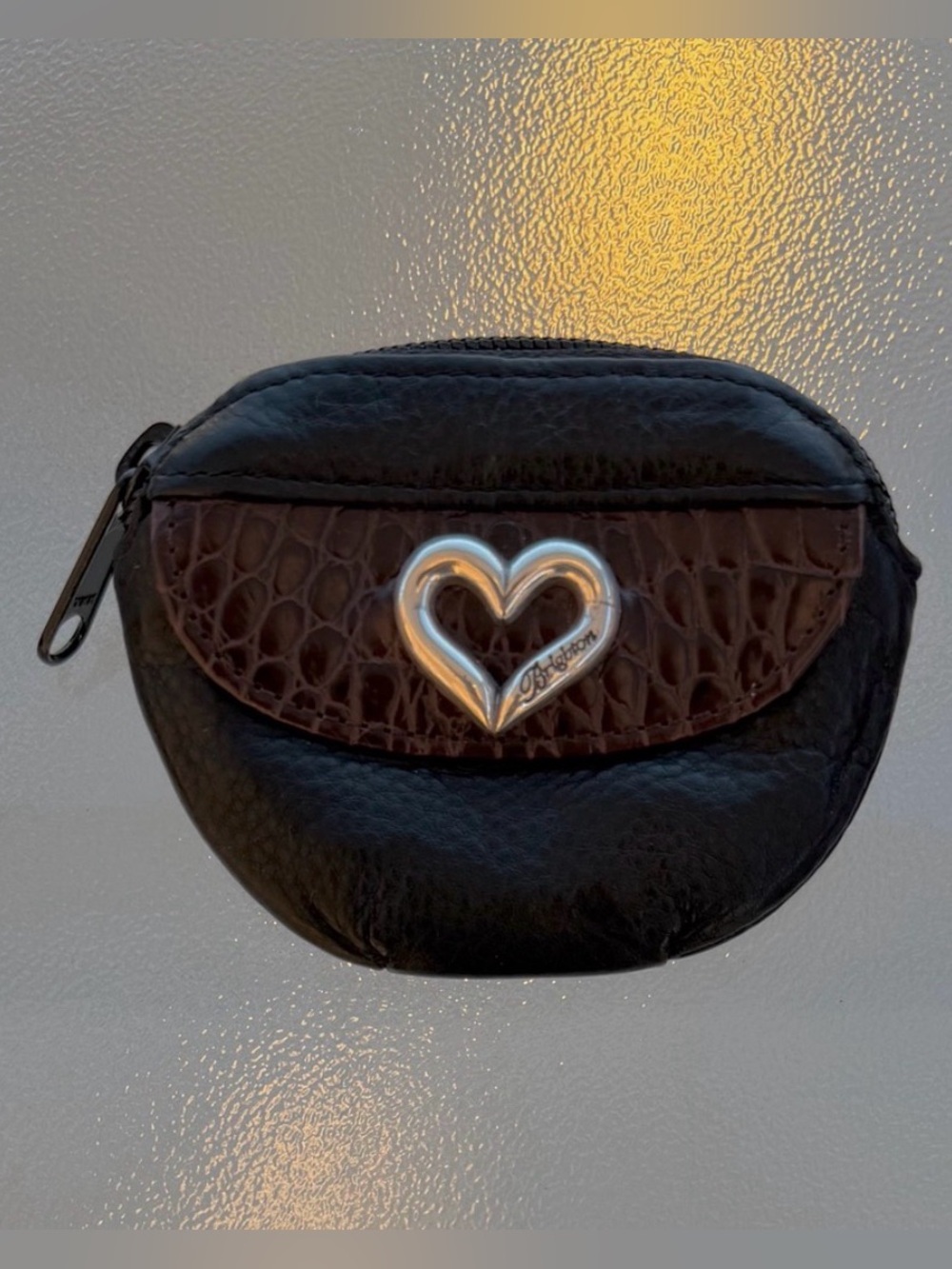 Brighton Silver Heart Black and Chocolate Brown Croc Embossed Leather Coin Purse
